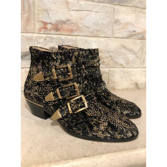 Chloe Suzanna Black Gold Velvet Coupe Studded Short Zipper Ankle Heel Bootie 37 - Picture 2 of 12